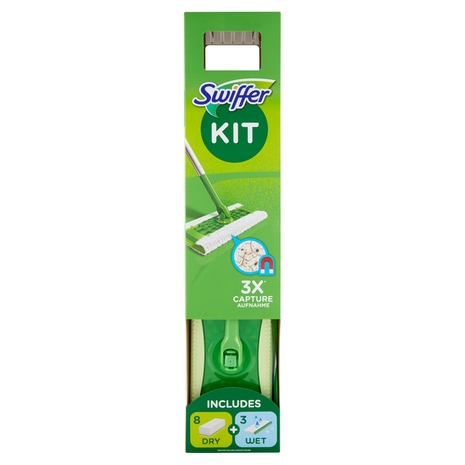 Swiffer Starter Kit Preassemblato-Scopa con 1Manico+8Panni Catturapolvere+3Panni Umidi Lavapavimenti